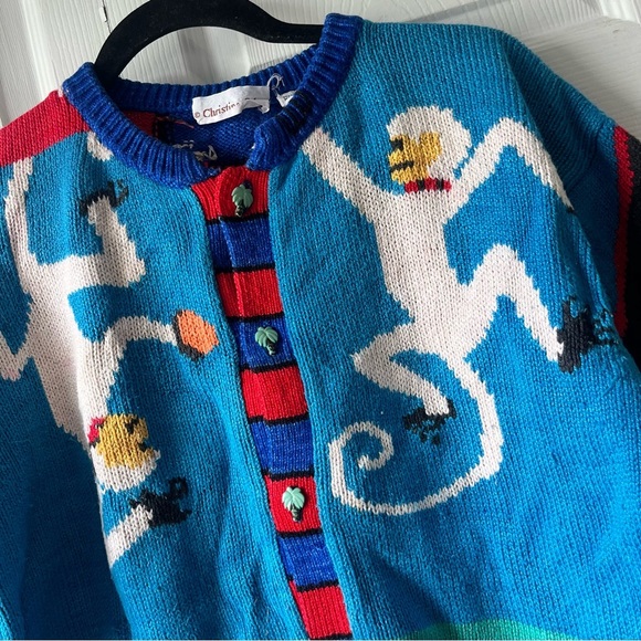 Christine Foley Vintage Multicolor Monkey Button Up Sweater Cardigan kids 8 - Picture 3 of 5